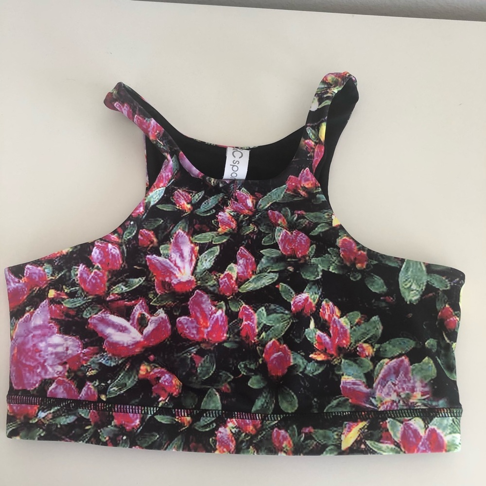 High Neck Floral Sports Bras with Neon Back
